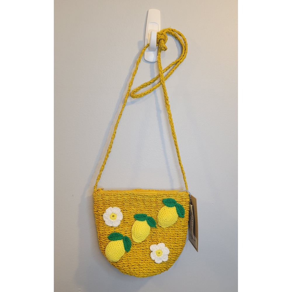 Bela & Nunni Lemon Straw Crossbody Bag Yellow Woven Crochet Flower Purse NWT